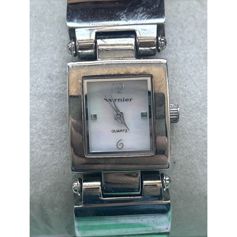 Vernier Womens Palm Tree Clear Acrylic Cuff Watch Silver Tone Rectangle MOP Dial
